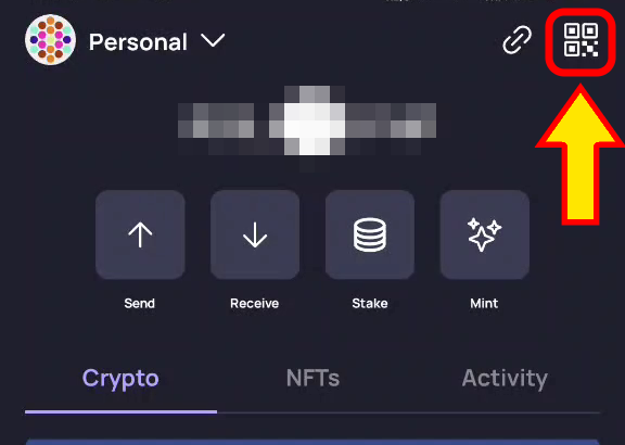 QR scanner icon in the top-right corner of the Wallet tab