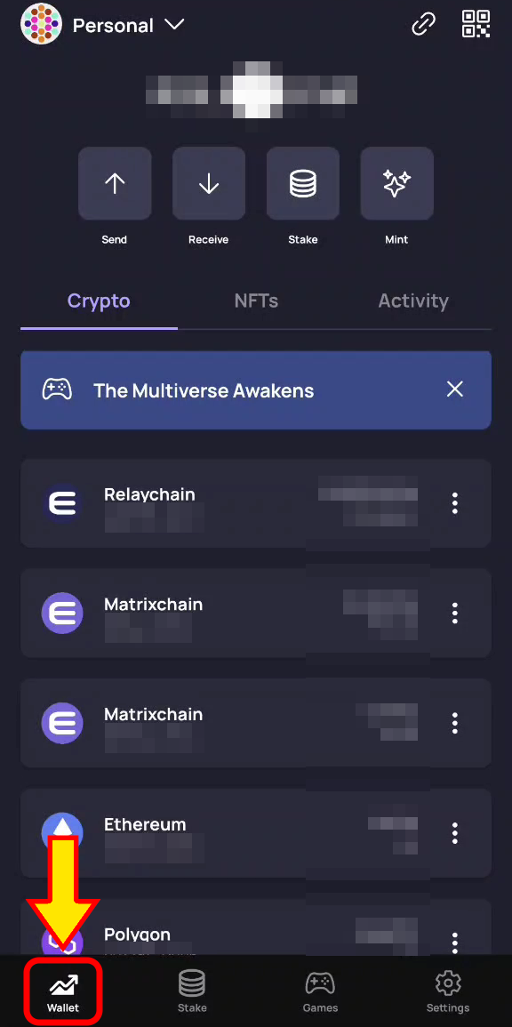 Wallet tab selected in the Enjin Wallet bottom menu